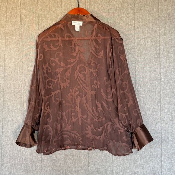 Victor Costa Occasion Brown Sheer Silk Satin Print Long Sleeve Tunic Top Size L - Picture 9 of 10